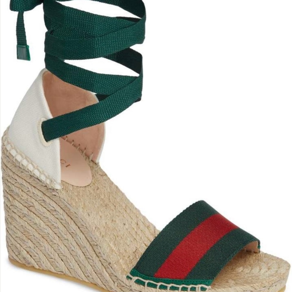 Gucci Lilibeth Striped Green and Red Wedge Espadrille Sandals